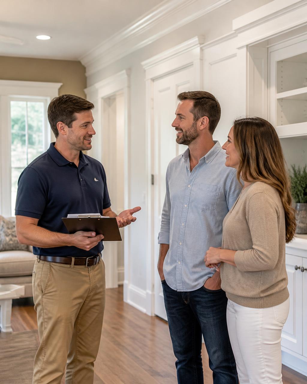 JCST professional consulting with homeowners in a finished interior with custom trim
