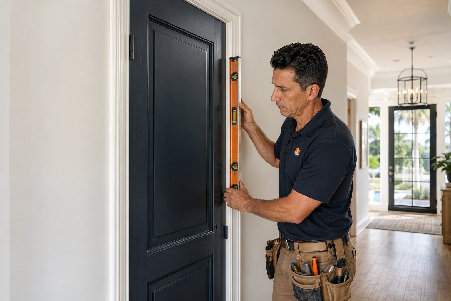 JCST technician leveling and installing interior door